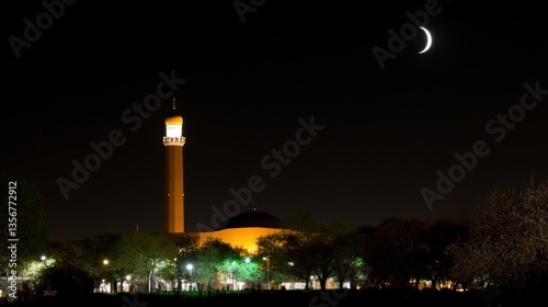 Night View of Illuminated Mosque under Crescent Moon