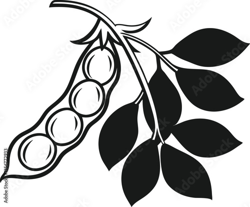 A stylized, black and white vector graphic of a pea pod with peas inside, and leaves attached to a stem.