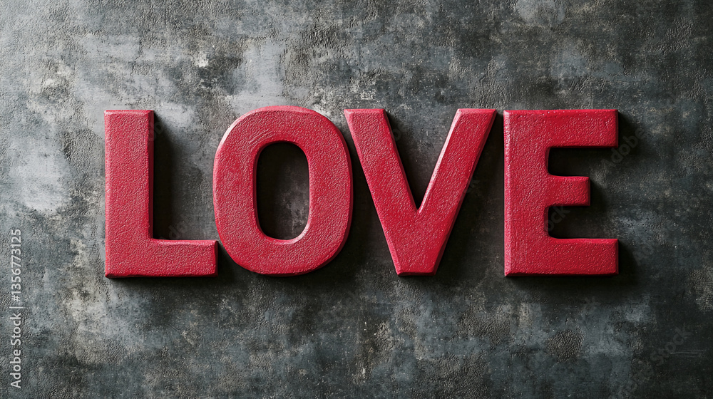 Fototapeta premium Red letters spelling LOVE on a dark gray textured background Valentine's Day concept, romantic, passionate