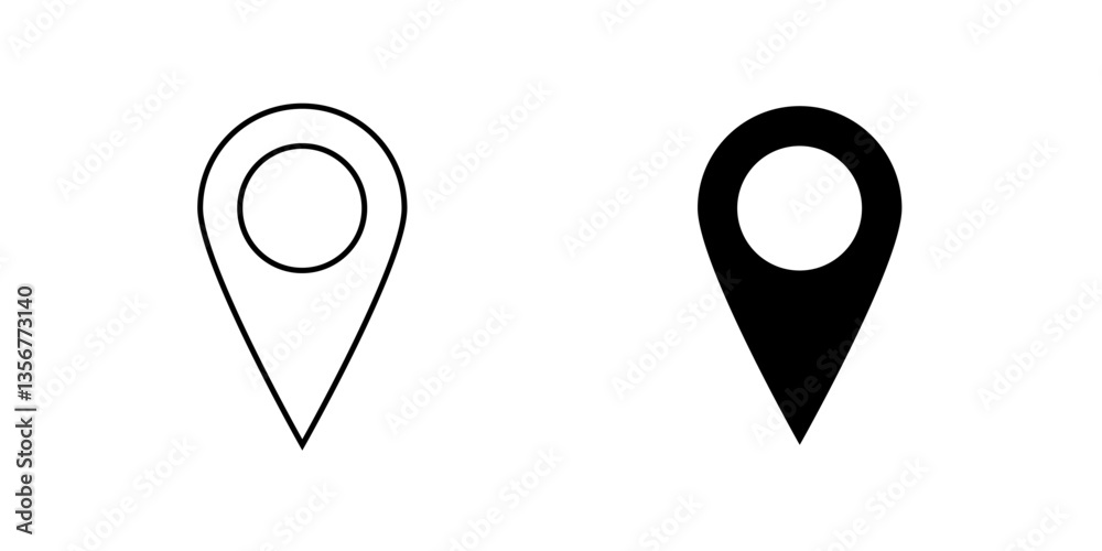Fototapeta premium Two location pin icons in black outline and solid fill. Represents navigation, GPS, mapping, travel destinations, positioning, and location services. Vector illustration