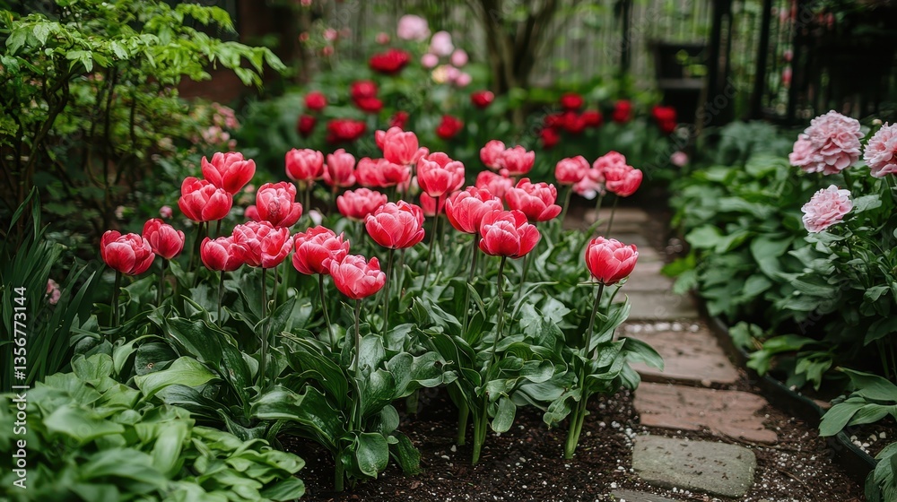 Lush botanical haven: Crimson tulips and serene brick pathway in bloom Lush botanical haven: Crimson tulips and serene brick pathway in bloom