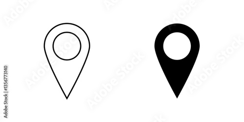 Two location pin icons in black outline and solid fill. Represents navigation, GPS, mapping, travel destinations, positioning, and location services. Vector illustration