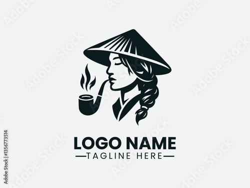 Asian farmer with conical hat smoking pipe. Cultural heritage logo