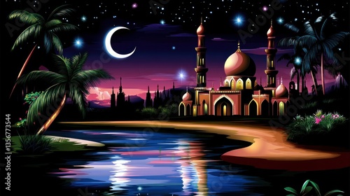 Night Scene of a Majestic Mosque by the Lake Under a Crescent Moon