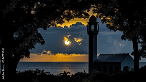 Serene Sunset Silhouette: Coastal Mosque at Dusk