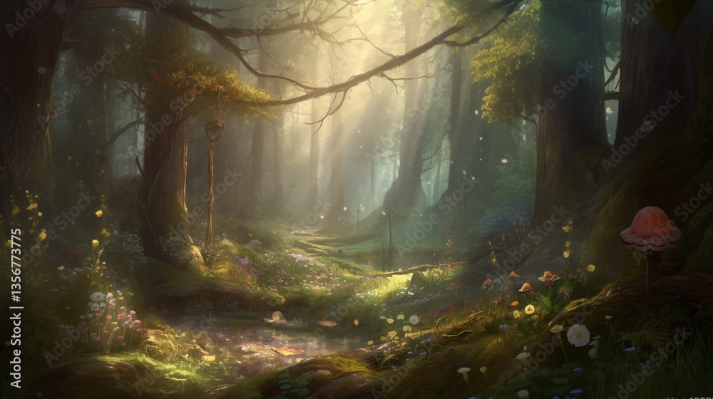 Fototapeta premium Enchanted Forest Path with Mushroom Illumination and Sunlit Canopy Creating Magical Atmosphere