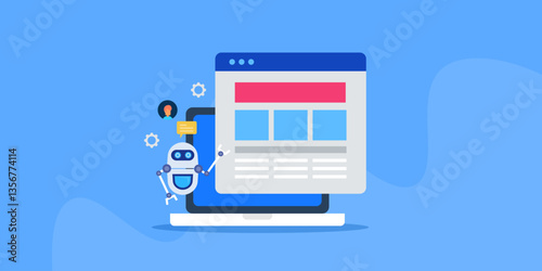 Website AI chatbot builder, helping online visitors browsing web pages, answer query, customer service automation technology, e-business concept.