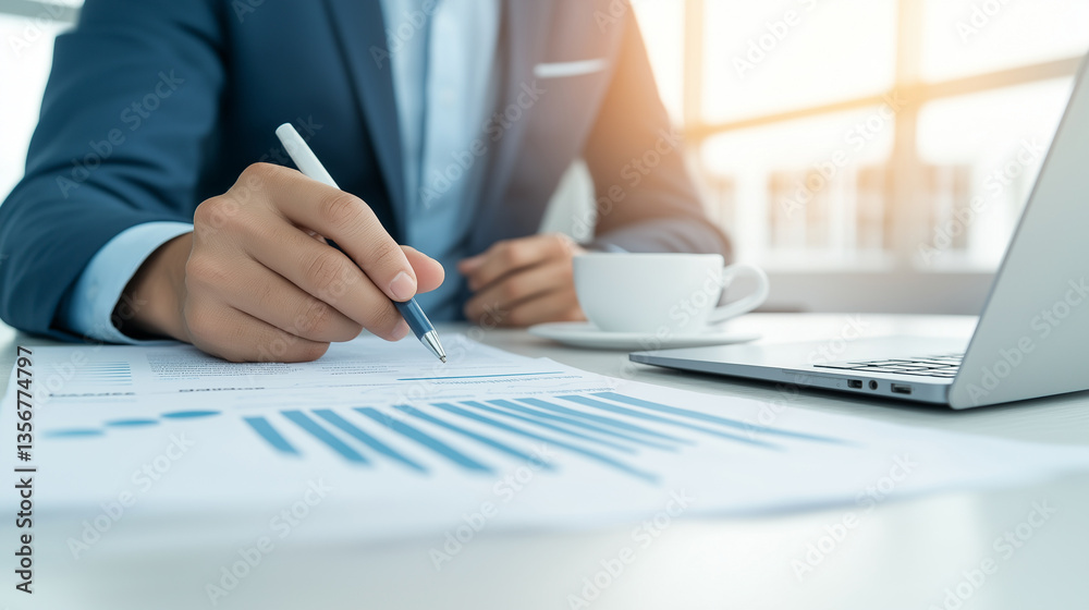 Professional analyzing financial charts on laptop, drinking coffee at desk, displaying strategic corporate data analysis and business planning Professional analyzing financial charts on laptop, drinking coffee at desk, displaying strategic corporate data analysis and business planning