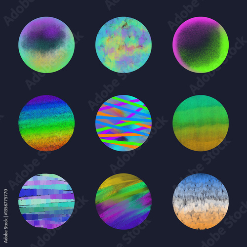 Illustration, 9 bright circles with different textures and patterns, abstract images of planets or sputniks on a dark background