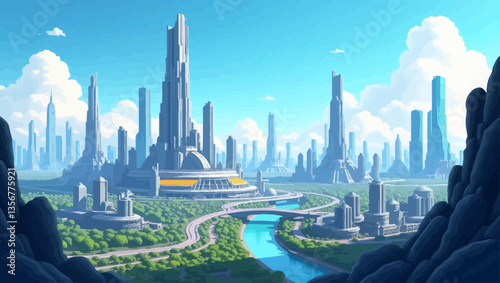 Cityscape Vista: a futuristic city with sleek skyscrapers and advanced infrastructure, nestled amidst a serene landscape, embodying the essence of technological progress and urban design.