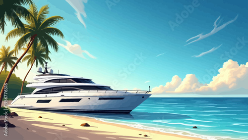 Yacht Anchored in Tropical Paradise: A sleek, white yacht is moored off a pristine beach in a tropical paradise, under a azure sky with fluffy white clouds.