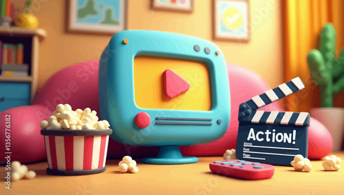 Movie Night Scene: A whimsical depiction of a cozy movie night, featuring a retro television, popcorn, and a clapperboard against a warm, inviting backdrop.