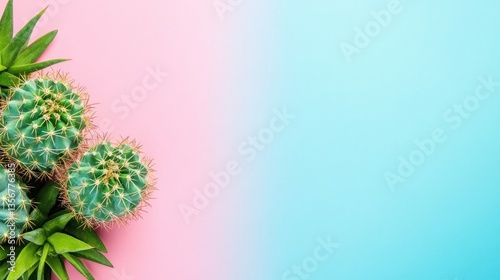 Pastel Cactus Paradise: A vibrant arrangement of succulents against a dreamy pink and blue background.