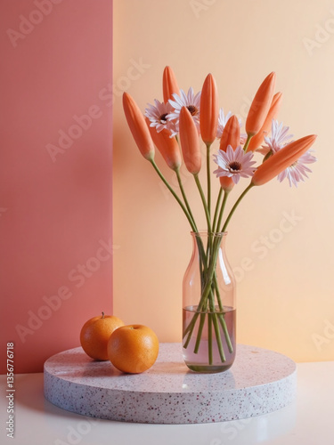 Wallpaper Mural A vase of flowers sits on a table next to an orange and apple Torontodigital.ca