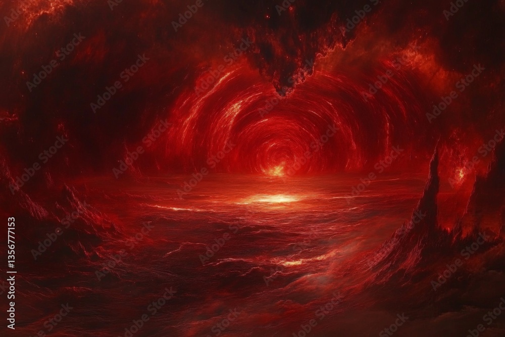 Fototapeta premium Stunning cosmic landscape with swirling red clouds and glowing horizon at twilight