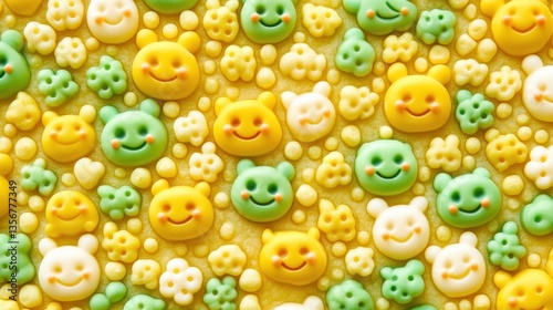 Adorable Smiley Face Treats: A Delightful Close-up of Sweet Yellow, Green, and White Confections