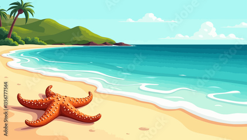 Tropical Beach Starfish: A vibrant illustration of a starfish on a pristine sandy beach, turquoise ocean waves gently lapping the shore, under a sunny sky with palm trees in the background. 