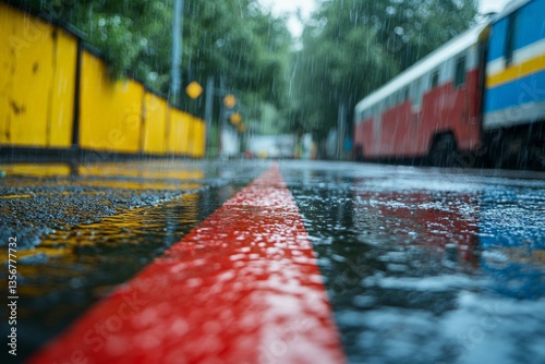 Rain-soaked street with reflections and a vintage train on a gloomy day in a bustling urban environment