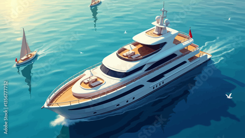 Yacht on the Open Sea: A sleek, white yacht slices through the azure waters, leaving a wake of foamy white as it glides toward a golden sunset.