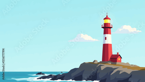 Lighthouse on Cliff:  A red and white striped lighthouse stands tall on a rocky cliff overlooking a vast blue ocean, with a cloudy sky and a tiny house at its base, symbolizing safety and guidance.