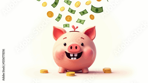Happy Piggy Bank: A cheerful piggy bank with a wide smile is depicted with money falling on it, symbolizing savings and financial success.