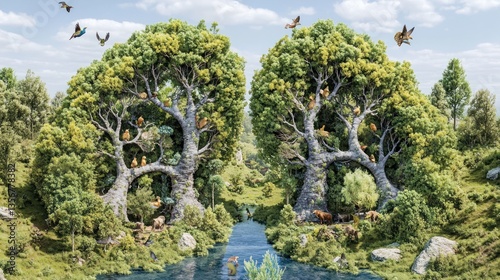 Enchanted Forest: A Serene Oasis of Lush Greenery, Wildlife Harmony, and Tranquil Waters.