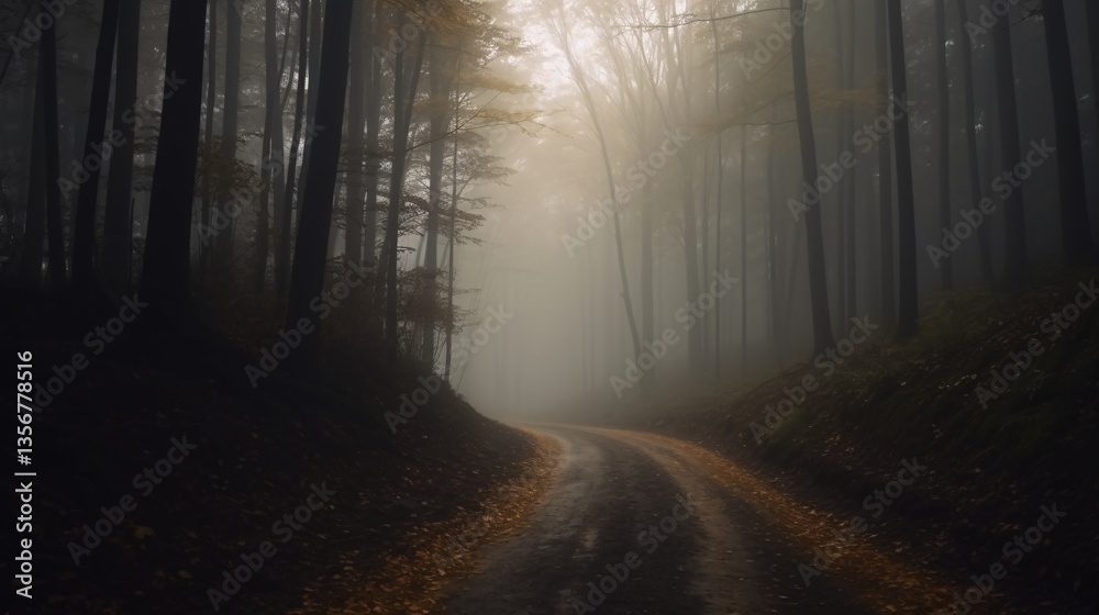 Naklejka premium Forest Path Through Misty Woods A Serene Journey into the Heart of Nature s Enigmatic Embrace