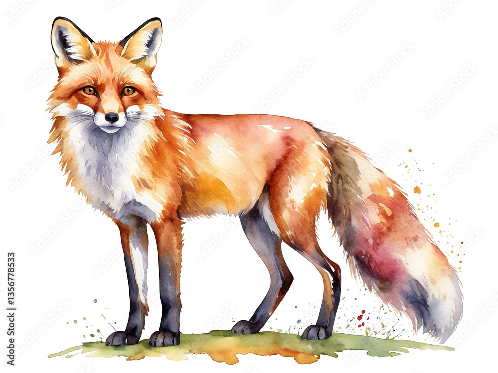 Obraz premium Colorful full-body fox illustration in watercolor style, PNG. Isolated background transparent 