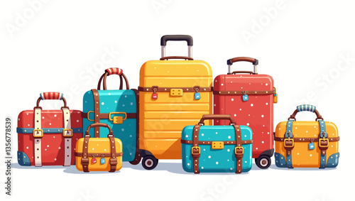 Colorful Suitcases Collection: A vibrant collection of suitcases in various sizes and colors, ready for an exciting journey.  Each suitcase is uniquely designed with charming details and patterns.