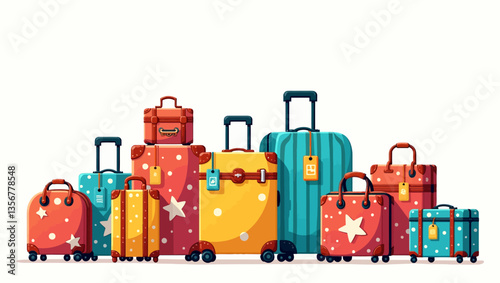 Journey Essentials: An array of colorful luggage, each with its own distinct design, sits ready for adventure, evoking feelings of wanderlust and travel.