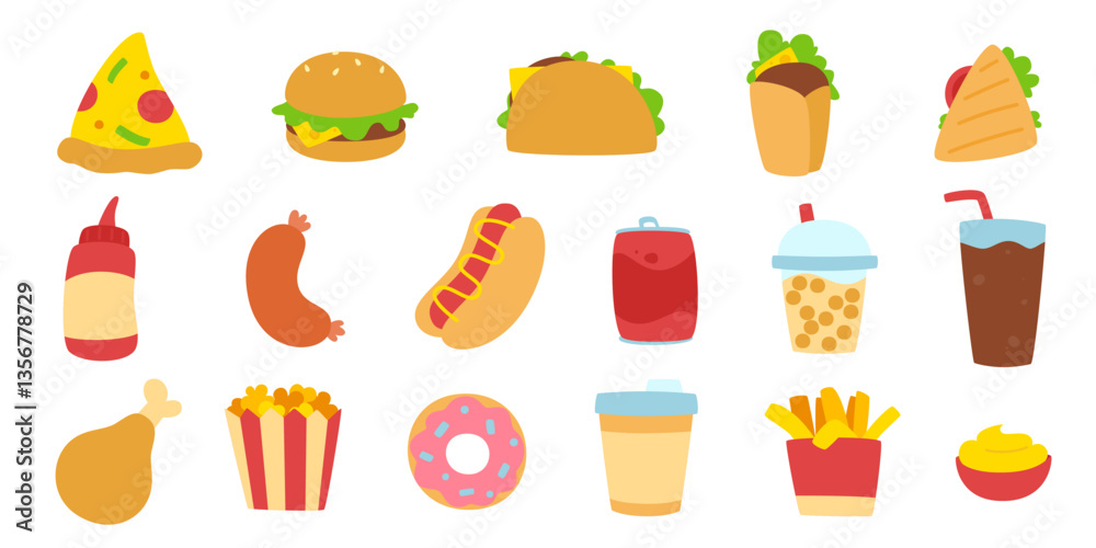 Fast food flat vector set. Cartoon fast food icon collection. Street food bundle.