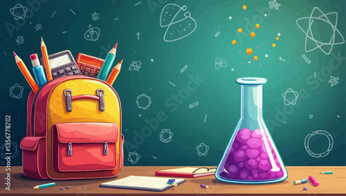 School Supplies Illustration: A vibrant illustration showcasing an open school bag brimming with colorful stationery next to a chemistry beaker.