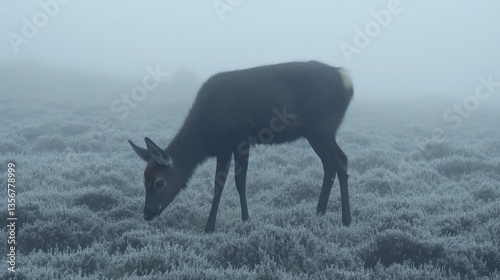 Serene Fawn in Misty Moorland: A Breathtaking Wildlife Encounter