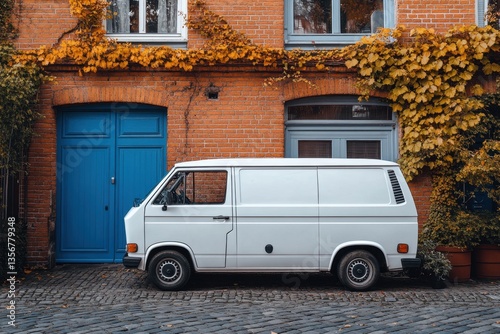 Vintage white van parked on cobblestone street against brick building with autumn foliage in urban setting capturing serene and nostalgic mood