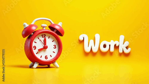 Red Alarm Clock and Work: A vibrant red alarm clock sits beside the word "Work" in stylized white lettering against a sunny yellow background, symbolizing the start of a workday or a project deadline.