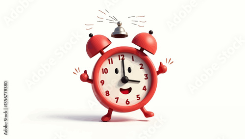 Alarm Clock's Cheerful Awakening: A friendly red alarm clock with expressive features and animated elements brings to life the anticipation of the day, time and routines.