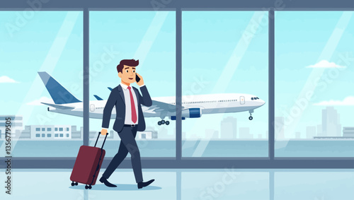 Businessman in Airport Terminal:  A businessman in a stylish suit is on a phone call while rolling his luggage through the airport terminal, with a commercial airplane taking off in the background.