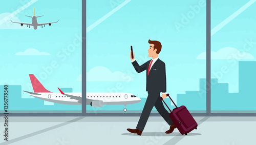 Businessman at Airport: A businessman in a suit walks through an airport terminal, pulling a suitcase and looking at his phone. Airplanes are visible through a large window in the background.