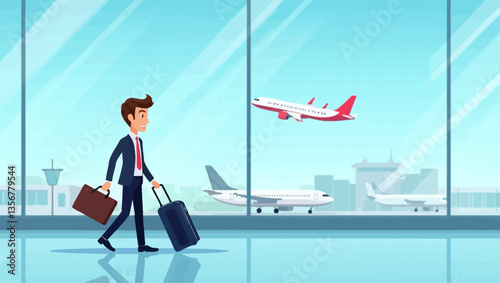 Businessman Walking Airport Terminal: A businessman in a suit walks through an airport terminal pulling a suitcase. An airplane takes off in the background. 