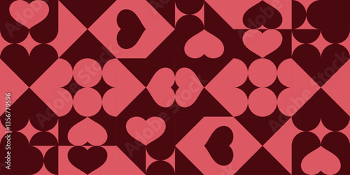 Nowoczesna mozaika w kształcie serca - walentynkowe geometryczne tło w kolorze bordowym i koralowym