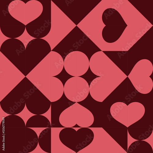 Nowoczesna mozaika w kształcie serca - walentynkowe geometryczne tło w kolorze bordowym i koralowym