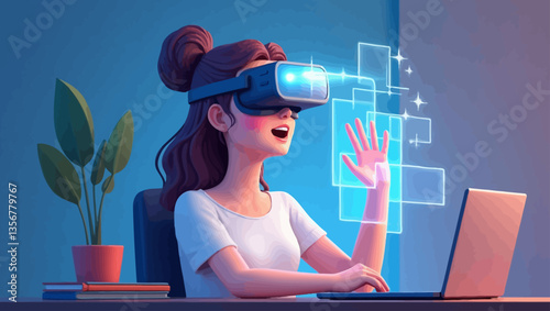 Virtual Reality Experience: Young woman enjoys immersive VR experience using headset and laptop, exploring digital world with hand gestures.