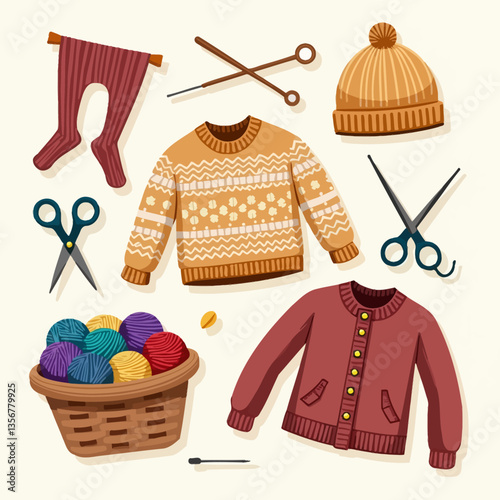 Knitting Supplies Illustration: An adorable set of  knitting supplies like  a knitted sweater, yarn, knitting needles, scissors and a knitted hat, with a charmingly illustrated style. 