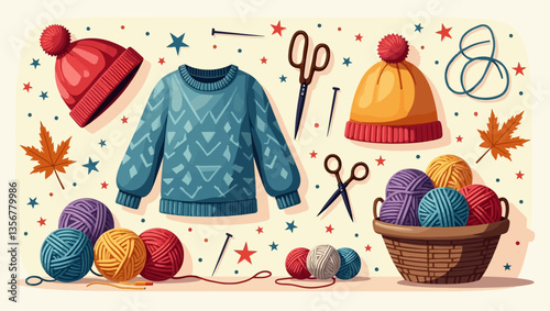 Knitting Supplies: A cozy collection of knitting essentials, including yarn balls, needles, scissors, and warm winter apparel.