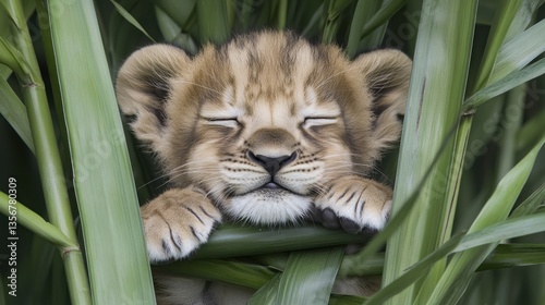 Adorable Lion Cub Snoozing in Lush Green Grass