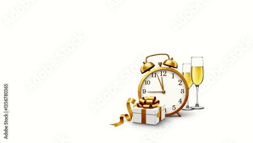 New Year's Eve Celebration: A festive composition featuring a vintage clock nearing midnight, a wrapped gift, and glasses of champagne, set against a pristine backdrop.