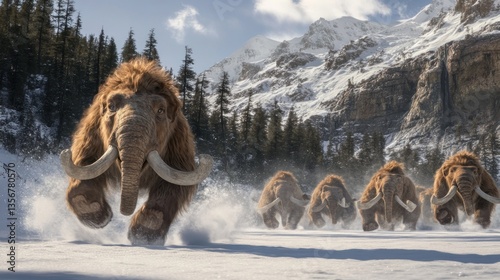 Majestic Woolly Mammoths Charging Across a Snowy Landscape