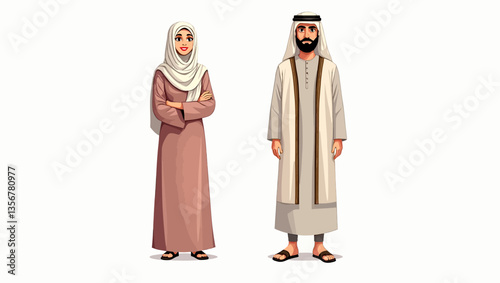 Arab Couple in Traditional Attire: A vibrant illustration showcasing an Arab man and woman dressed in traditional clothing. This image embraces diversity, representing cultural pride and heritage. 