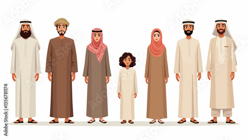 Arab Family: A visual representation of an Arab family, adorned in traditional attire, standing in a row with a unified expression that represents familial harmony.