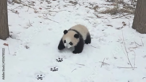 Adorable Panda Cub Playing in the Snow